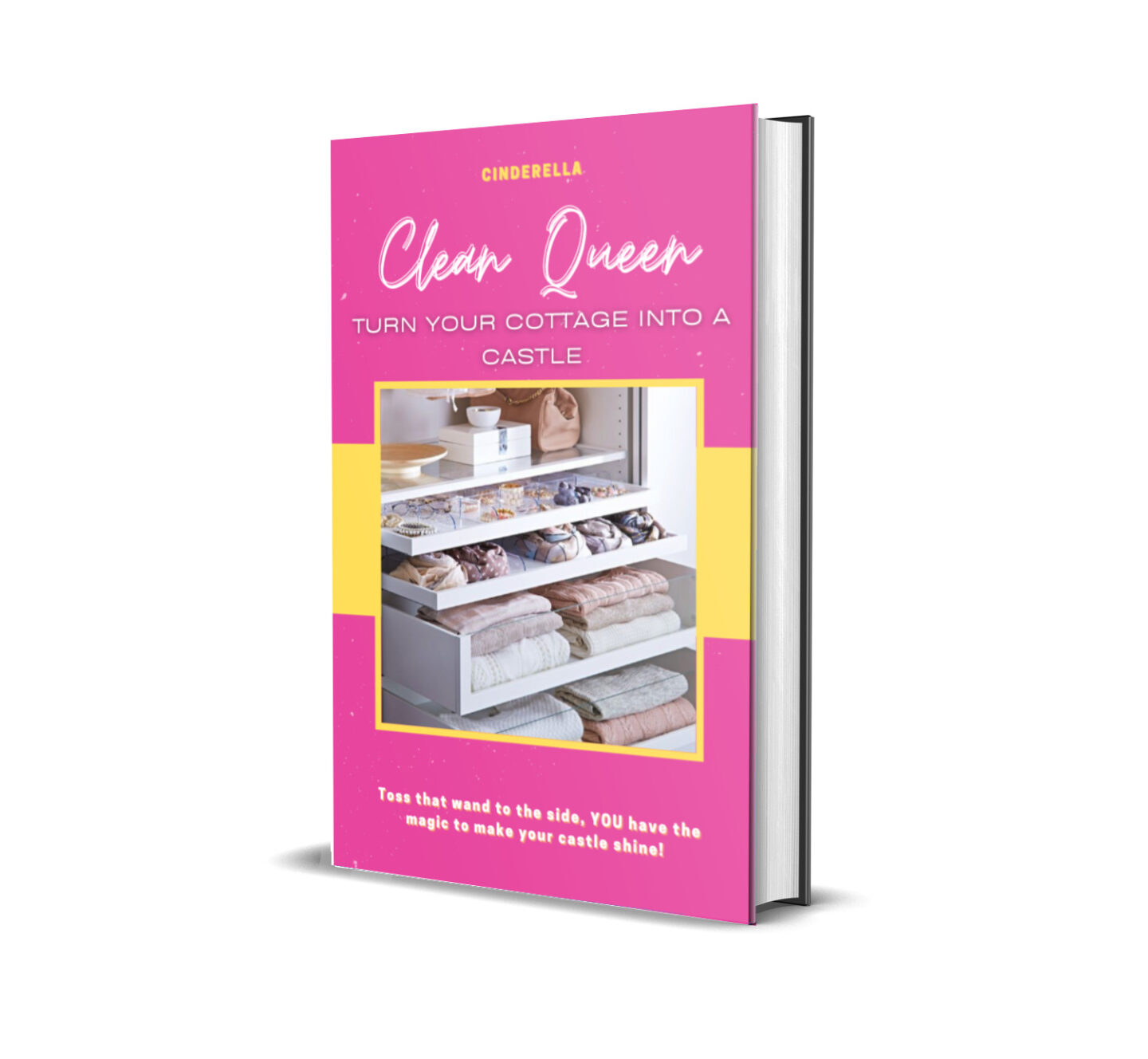 cover of Cinderella's pink and yellow book with a photo of a neatly organized clothing drawer in the center